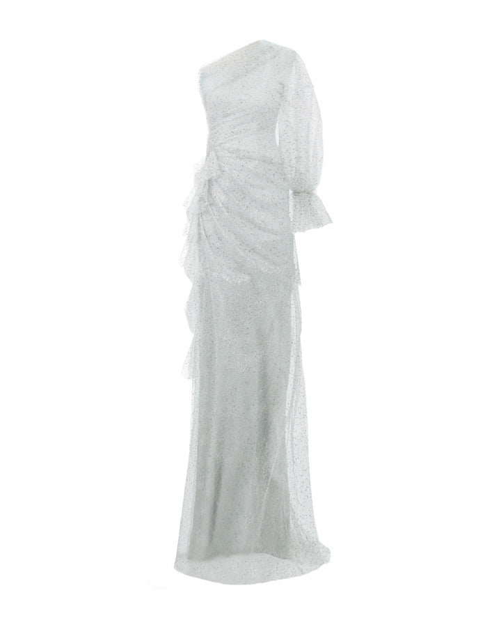 A one shoulder dress with draping details, open ruffled slit on the side, and a puffed see-through sleeve.