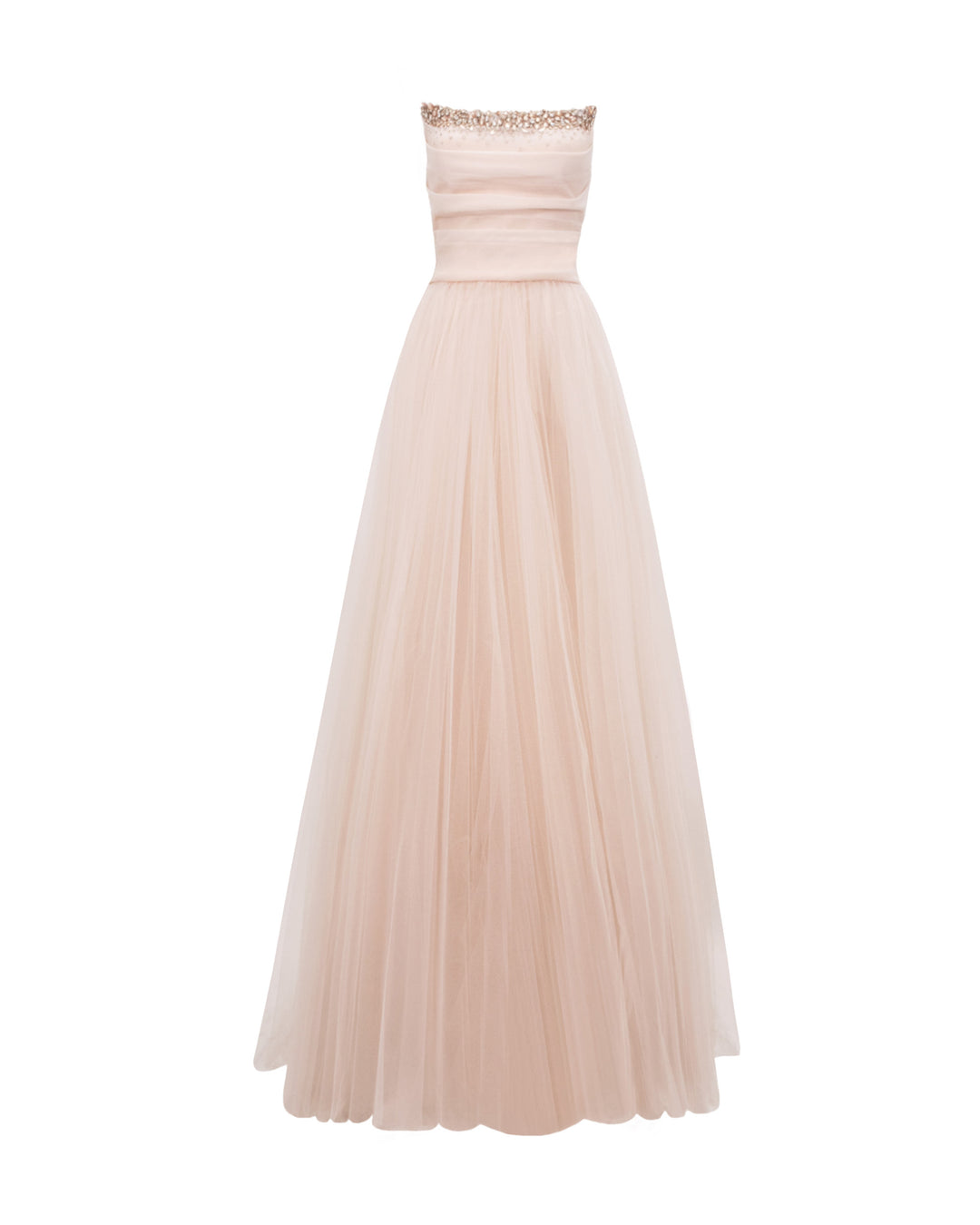 A strapless, flared long blush evening dress with beading and draping details on the bust line.