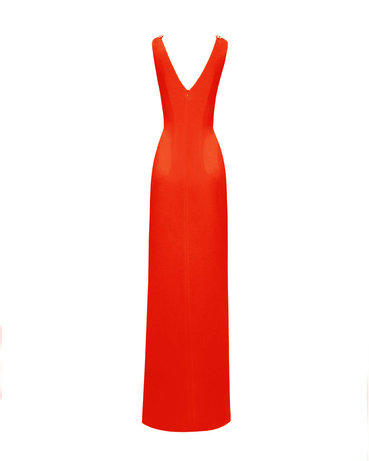 V-Neckline Coral Beaded Dress