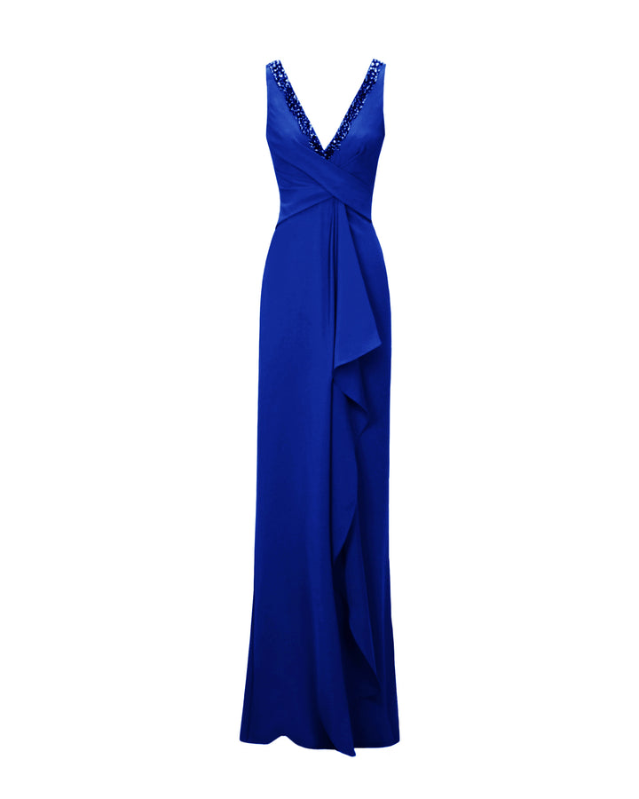 V-Neckline Royal Blue Beaded Dress