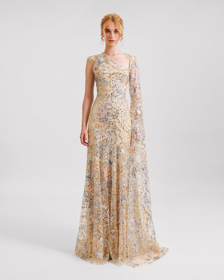 A long evening dress with a cut-out on the neckline and a floor-length sleeve.