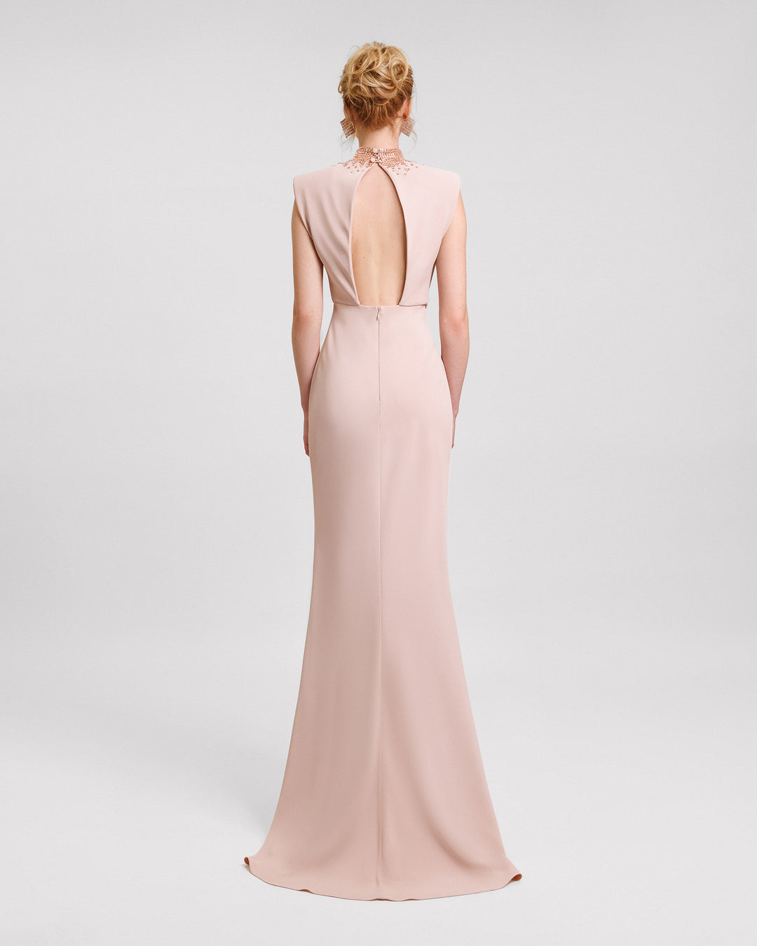 The back of a long blush evening dress featuring a stone embellished collar and a cut-out at the back.