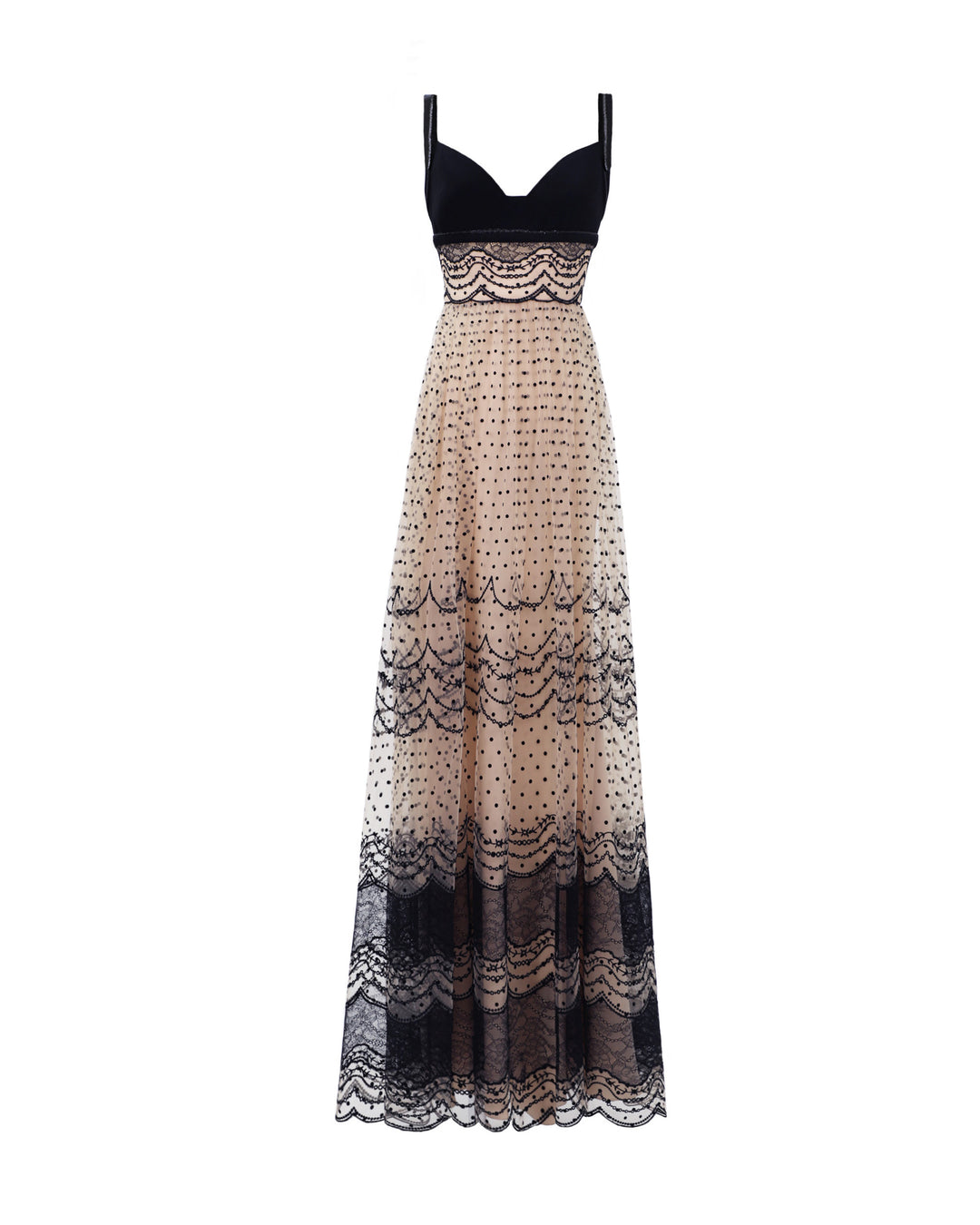 A heart-neckline black and beige evening dress with a defined embroidered waistline.