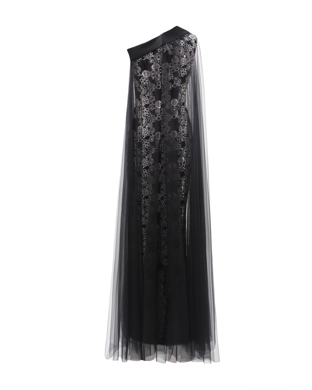 The back of an embroidered asymmetrical neckline black evening dress with a tulle overlay.