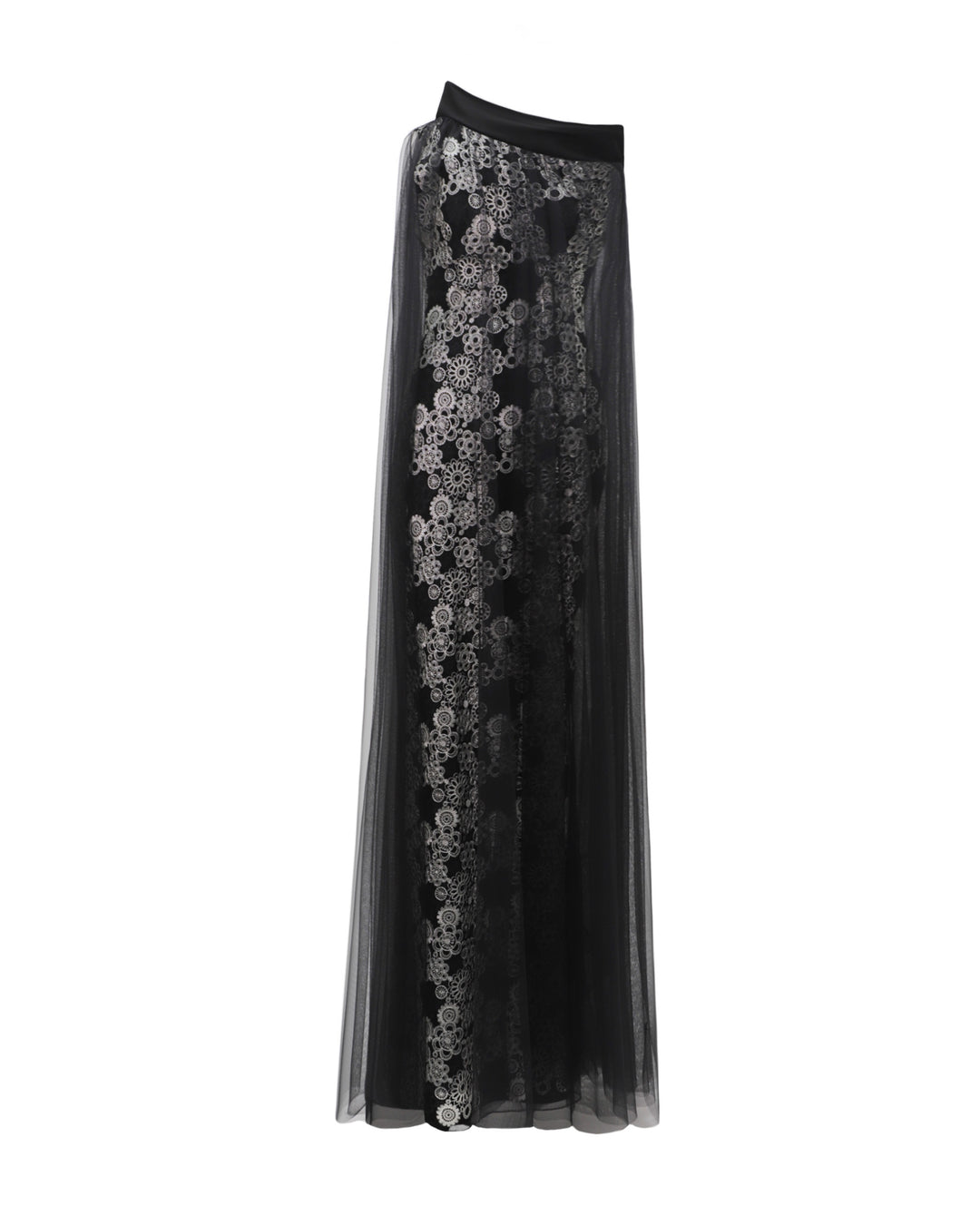 An embroidered asymmetrical neckline black evening dress with a tulle overlay.