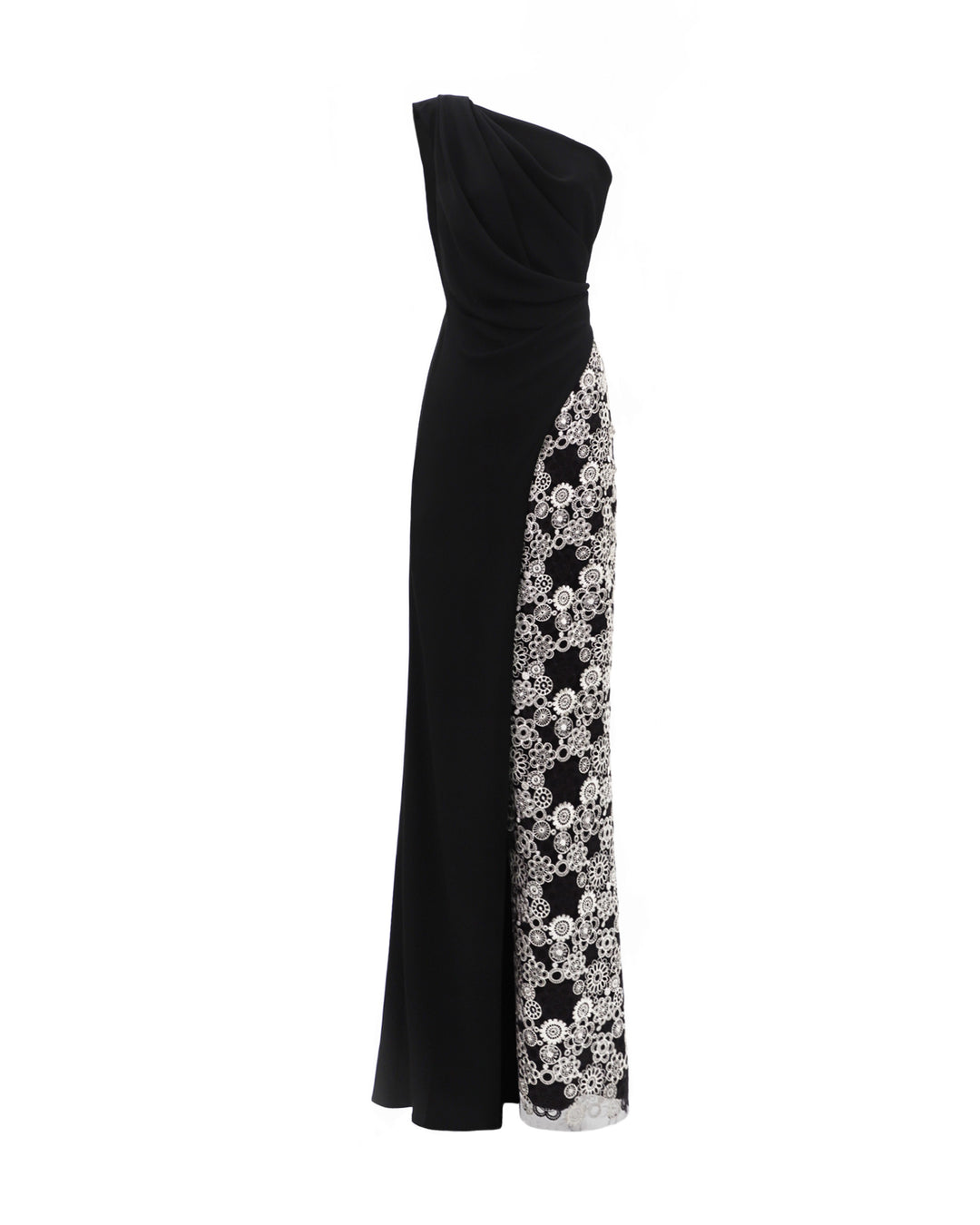 The back of a one-shoulder black evening dress with draping and a slit on one side, and embroidery on the other.