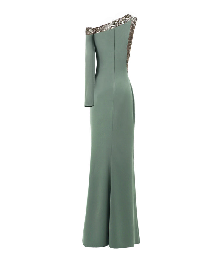 The back of a stone embellished asymmetrical neckline evening dress in sage color.