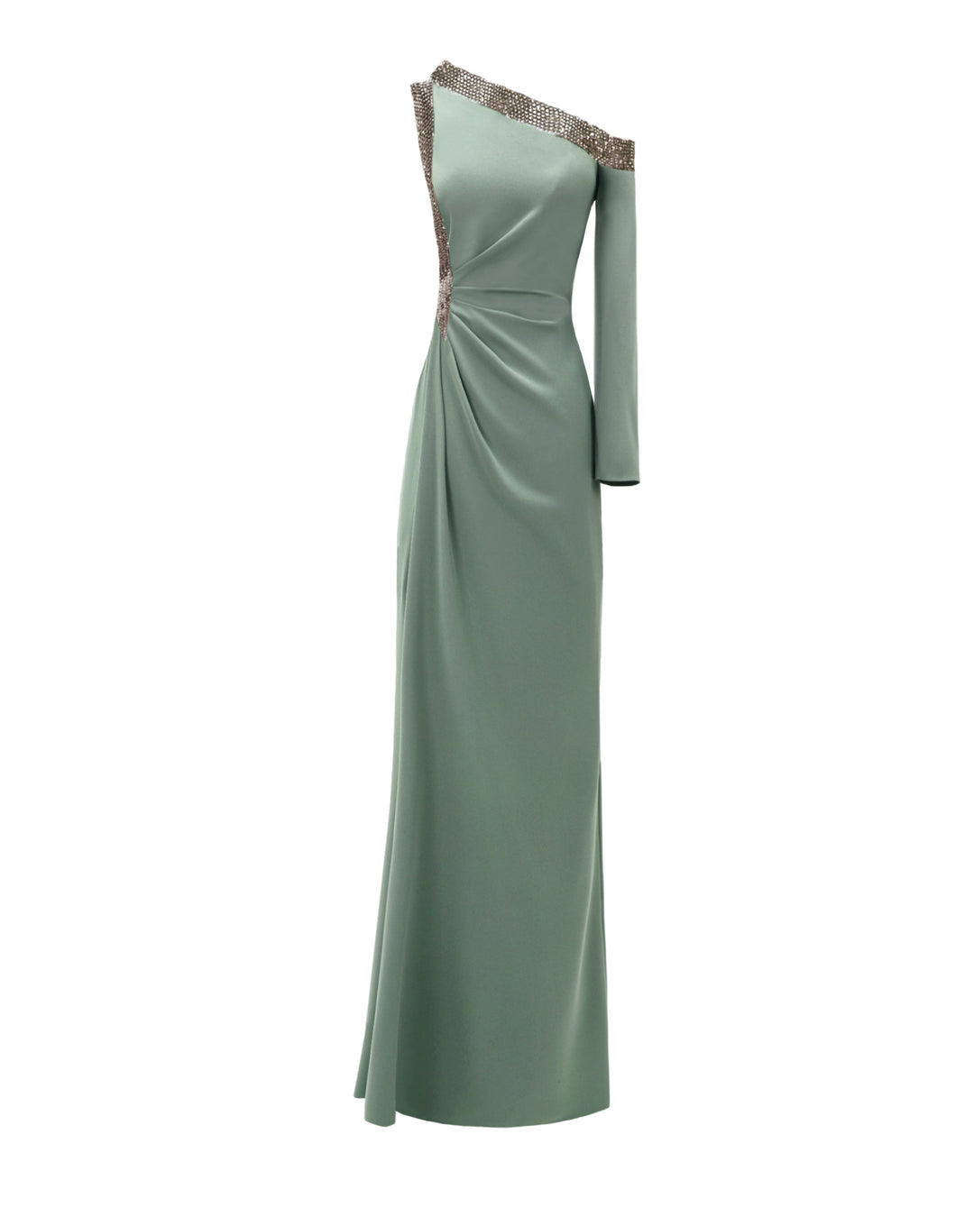 A stone embellished asymmetrical neckline dress with draping on the waistline and an open slit on the side.