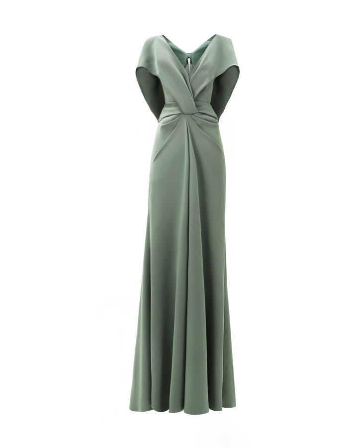 A v-neckline draped evening dress in sage color with cape-like sleeves.