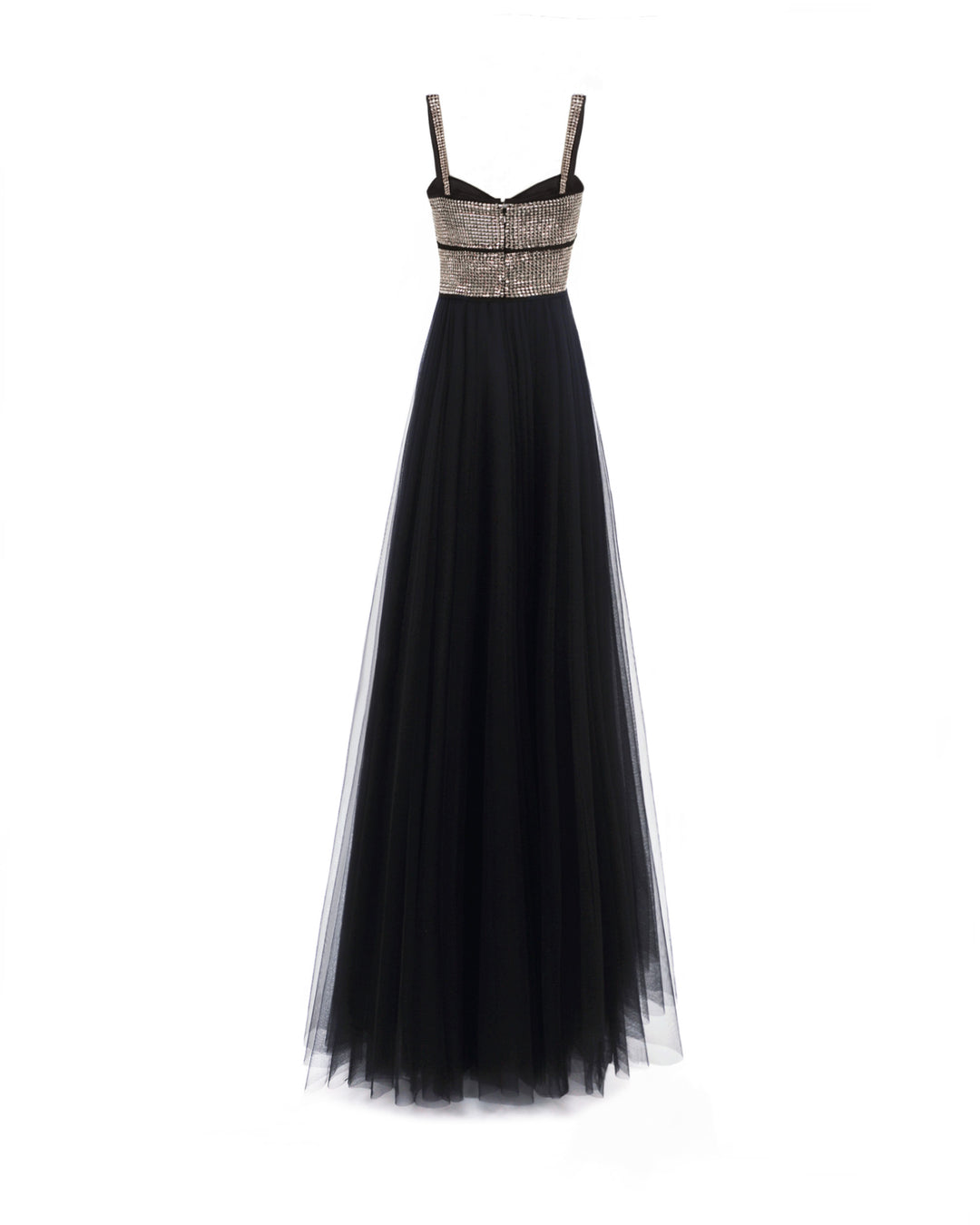 The back of a long black evening dress in tulle with a stone embellished bodice.