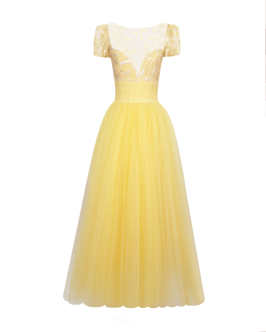 A heart shape corset with puffed sleeves intricated embroidery yellow midi dress and a wide cut tulle midi skirt.