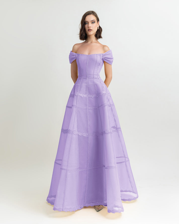 An off-shoulders corset wide mesh long lilac dress.