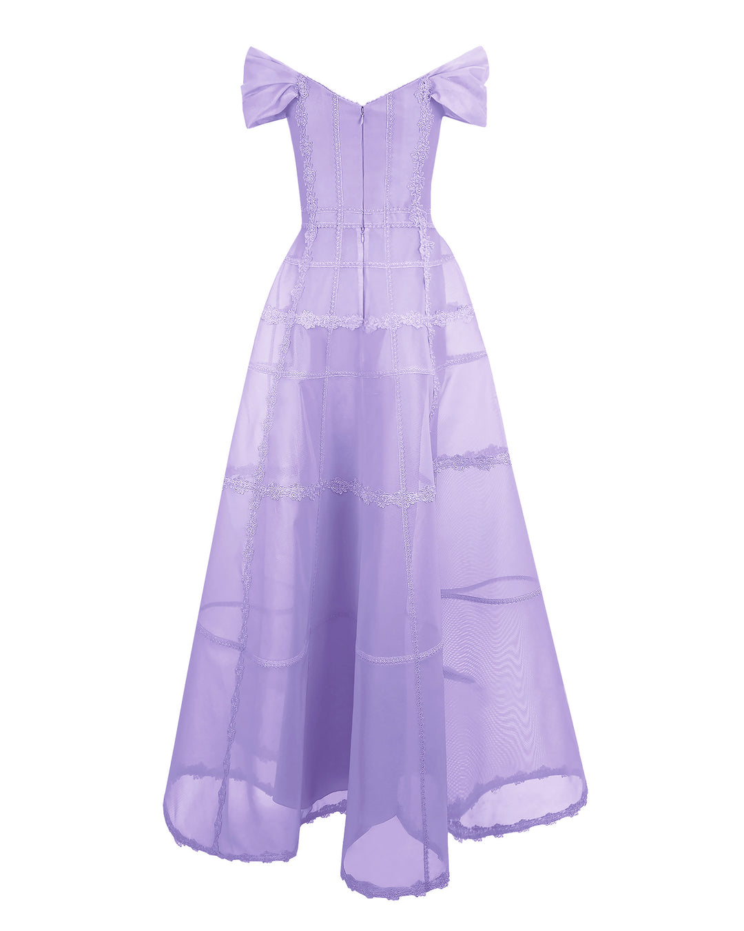 The back of an off-shoulders corset wide mesh long lilac dress.