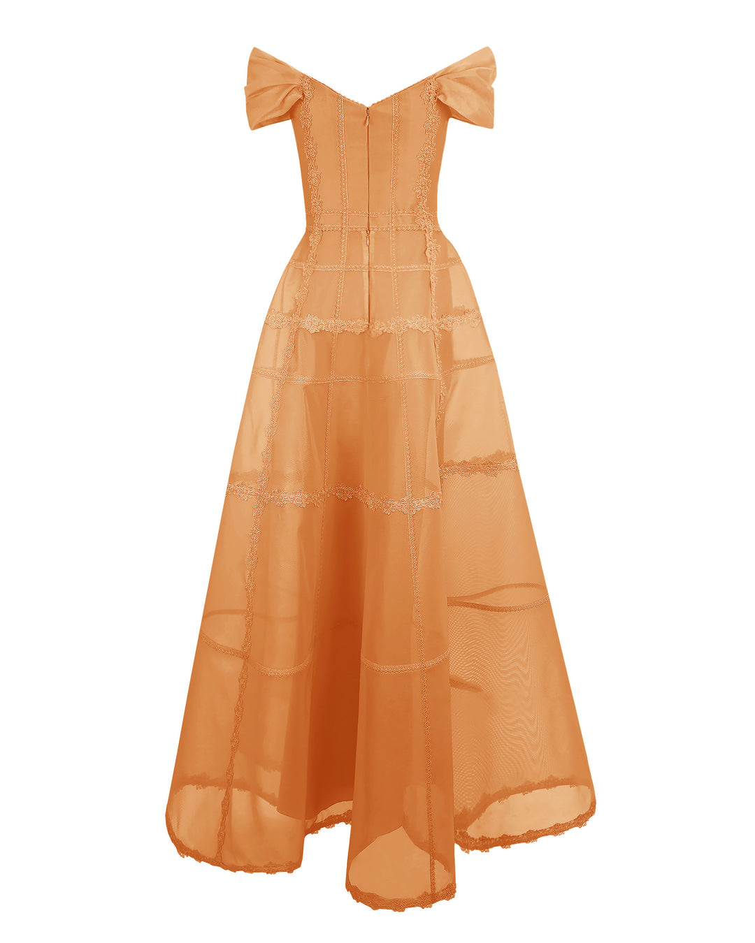 The back of an off-shoulders corset mesh dress in orange with a long wide skirt.