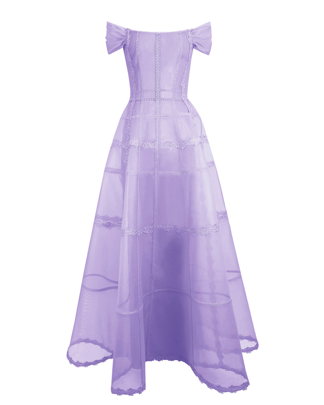 An off-shoulders corset wide mesh long lilac dress.