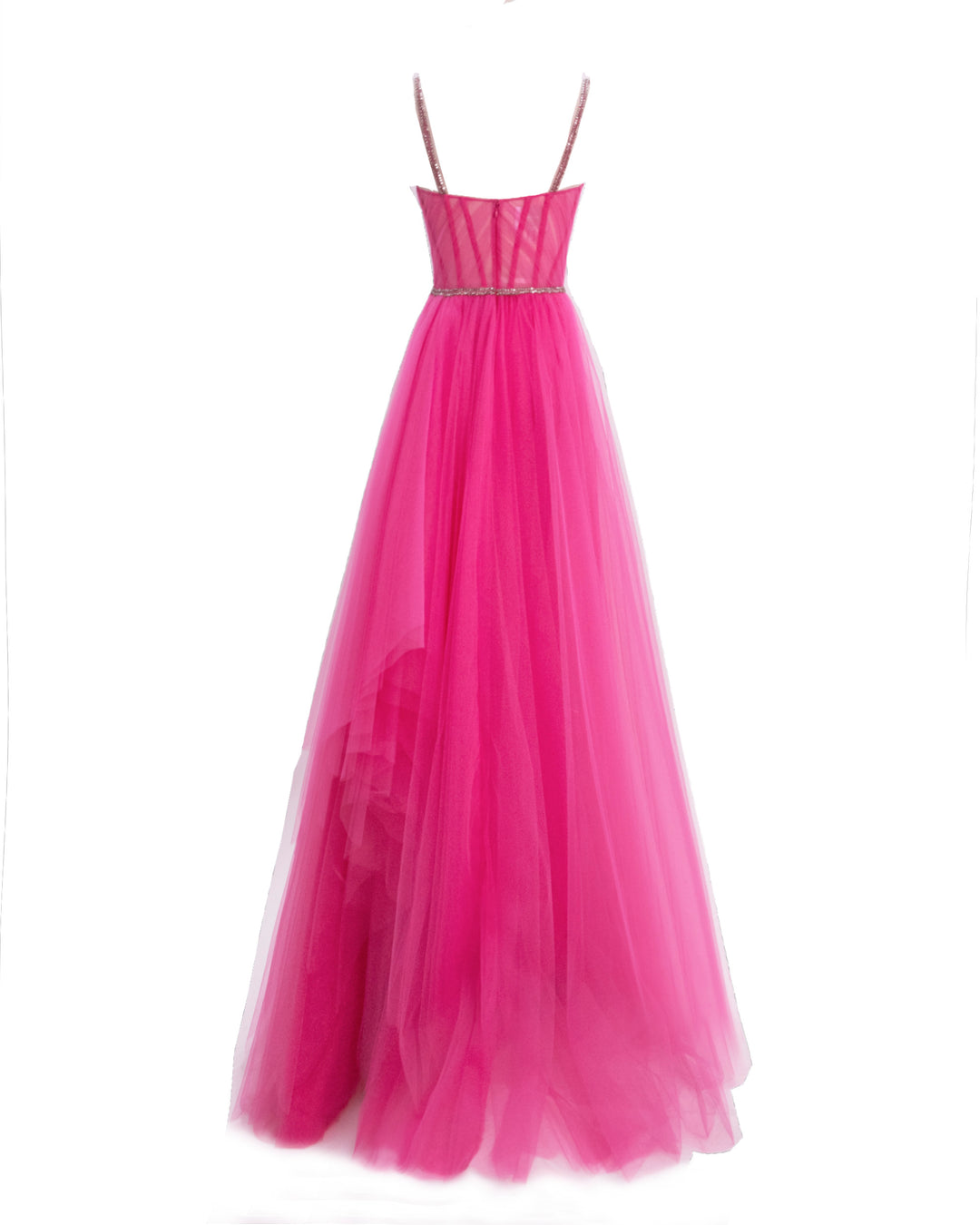 The back of a fuchsia tulle dress featuring beaded straps, a draped corset, and a ruffled slit on the back.