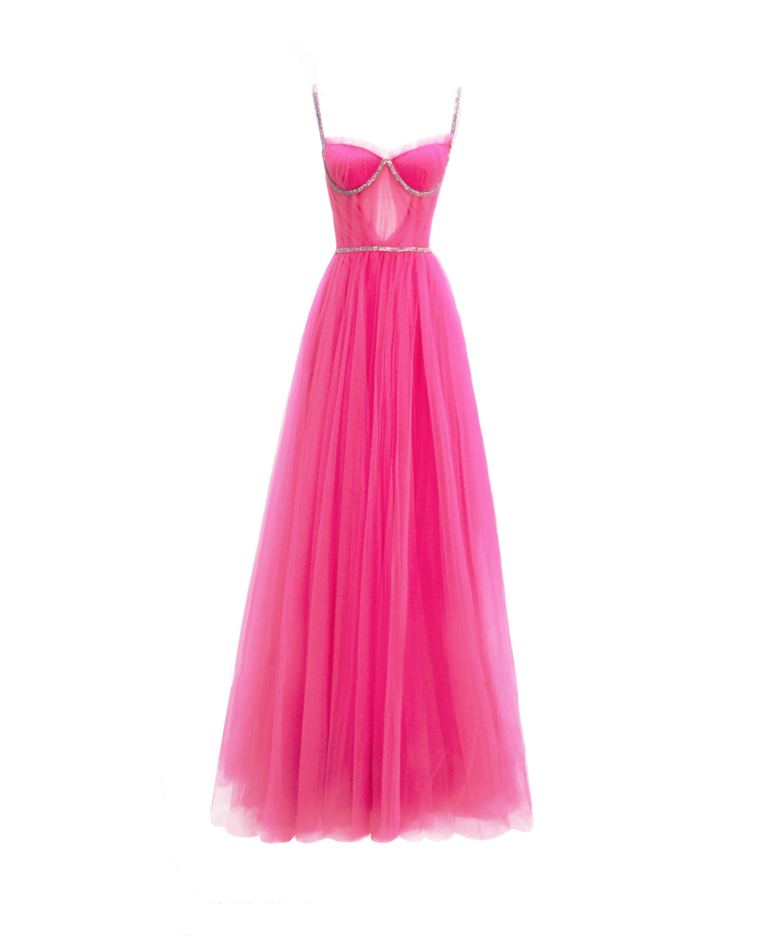 A fuchsia tulle dress featuring beaded straps and a draped corset.