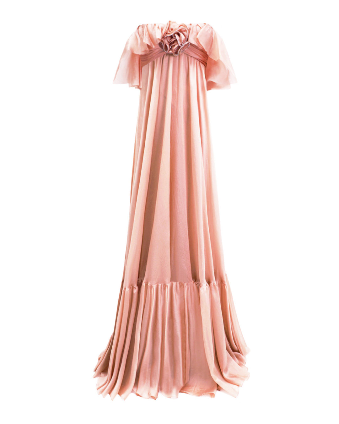 A ruffled off-the-shoulders flowy dress in salmon color with a draped flower at the front.