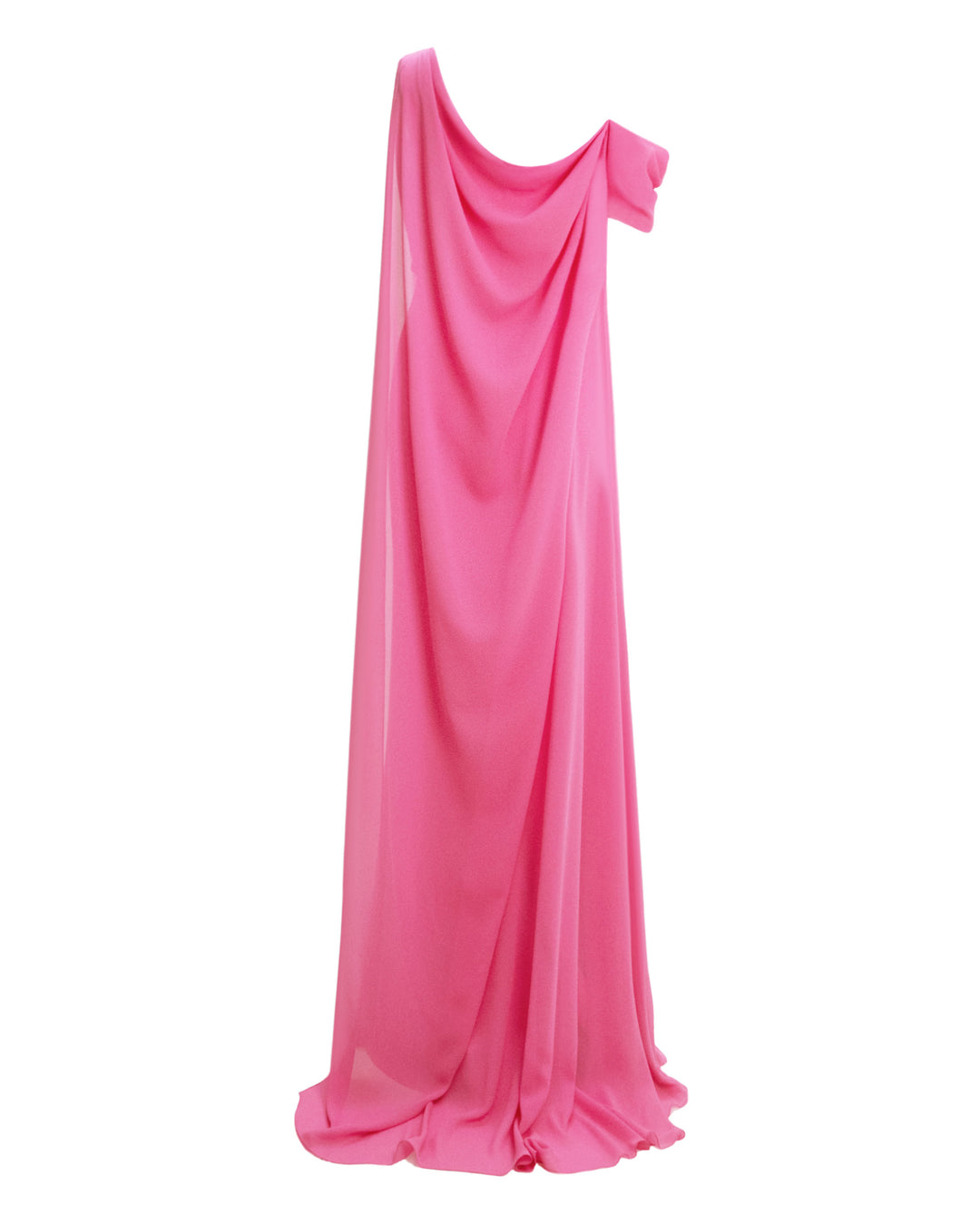 The back of an asymmetrical neckline, one-shoulder draped pink evening dress with a dropped cape at the back.