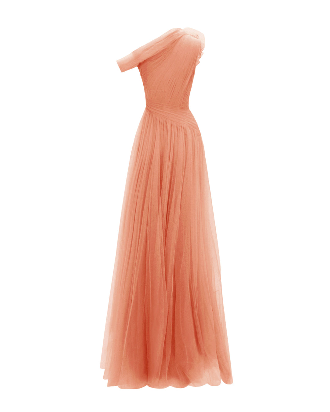 The back of an asymmetrical neckline full tulle long evening dress in peach color, with draping design on the bodice.