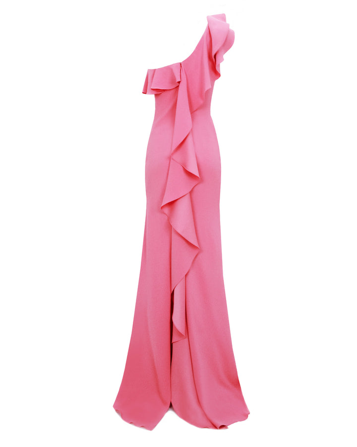 The back of a one-shoulder pink evening dress with a ruffled neckline that goes all the way to the back, to end with a open slit.