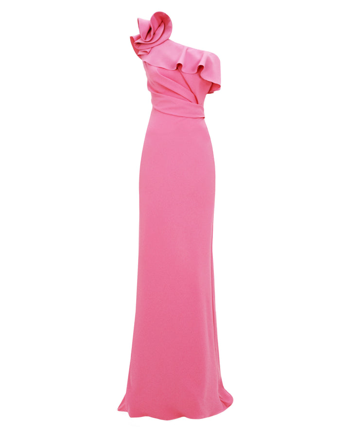 A one-shoulder pink evening dress with draping on the waist, and a ruffled neckline.