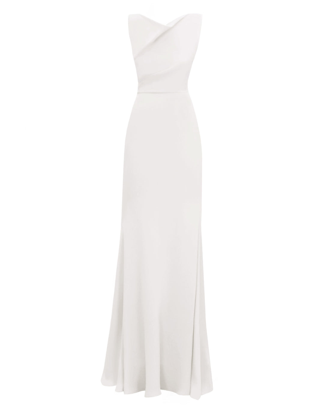 A slim-cut cream evening dress features captivating draping on the neckline and waist, complemented by an alluring open back with V-shaped straps.