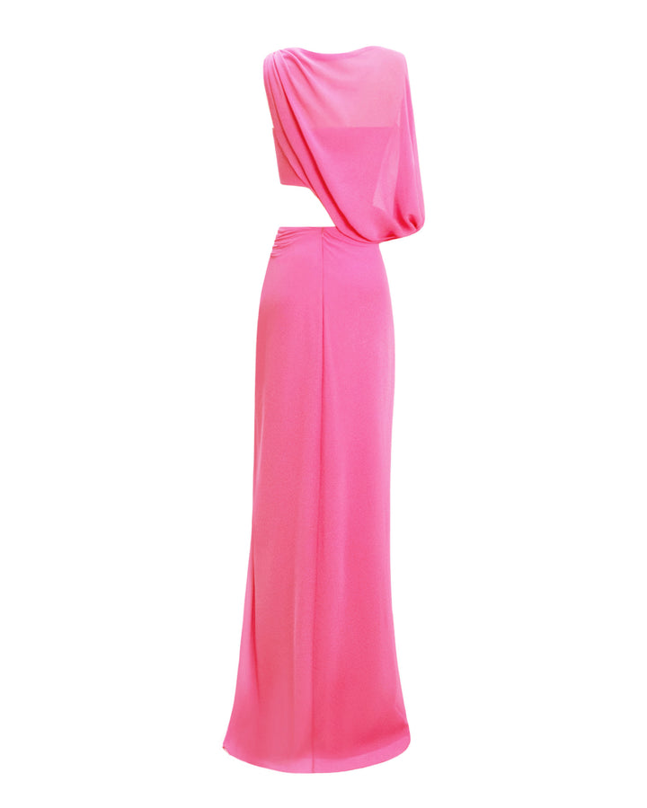 The back of an asymmetrical pink evening dress with a draped sleeve and a cut out on the waist.