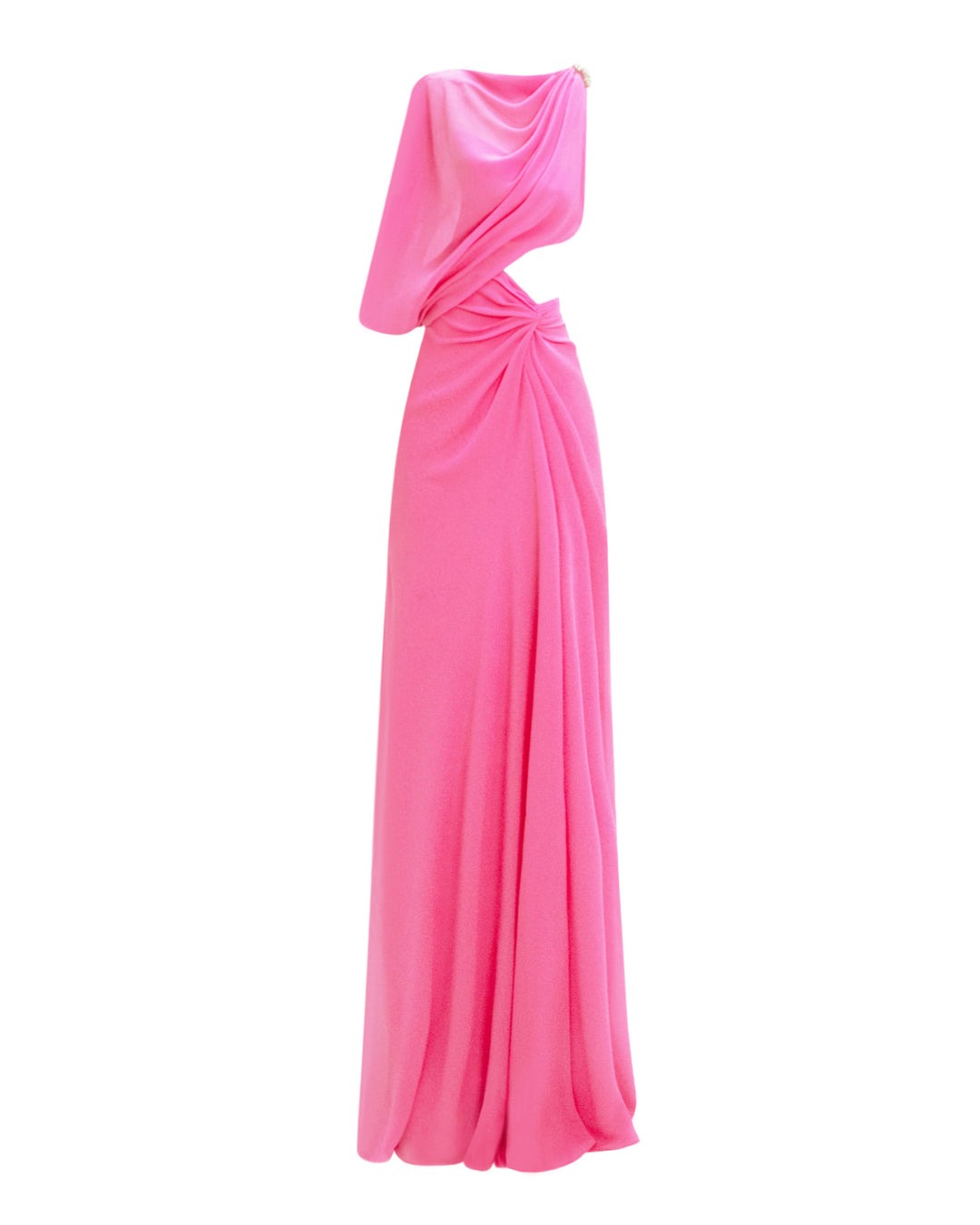 An asymmetrical pink evening dress with a draped sleeve, cut out on the waist, draped skirt, and a slit on the side.