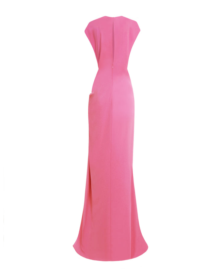 The back of a loose-cut pink evening dress.