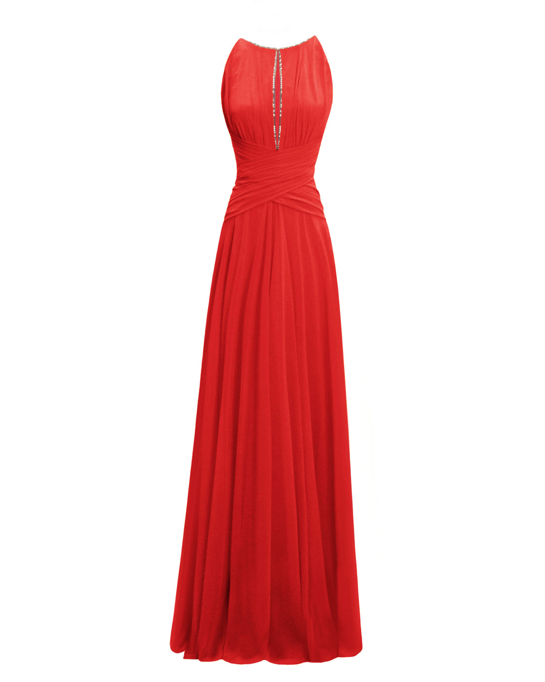 A long red dress featuring draping on the waist and a beaded neckline.