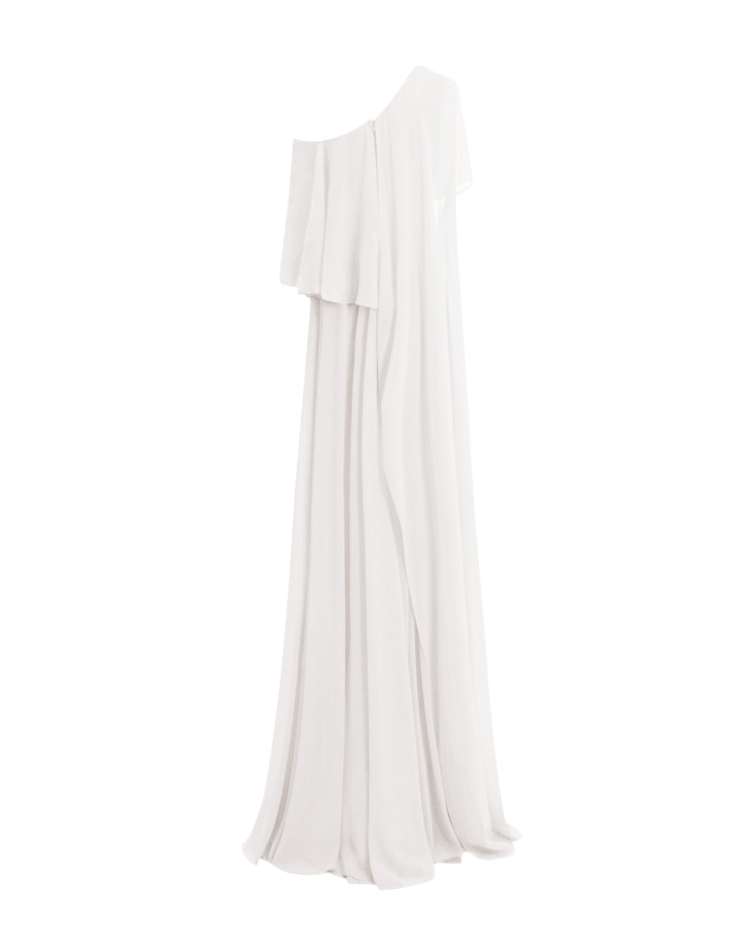 The back of a one-shoulder ivory dress featuring a ruffled cape-like sleeve.