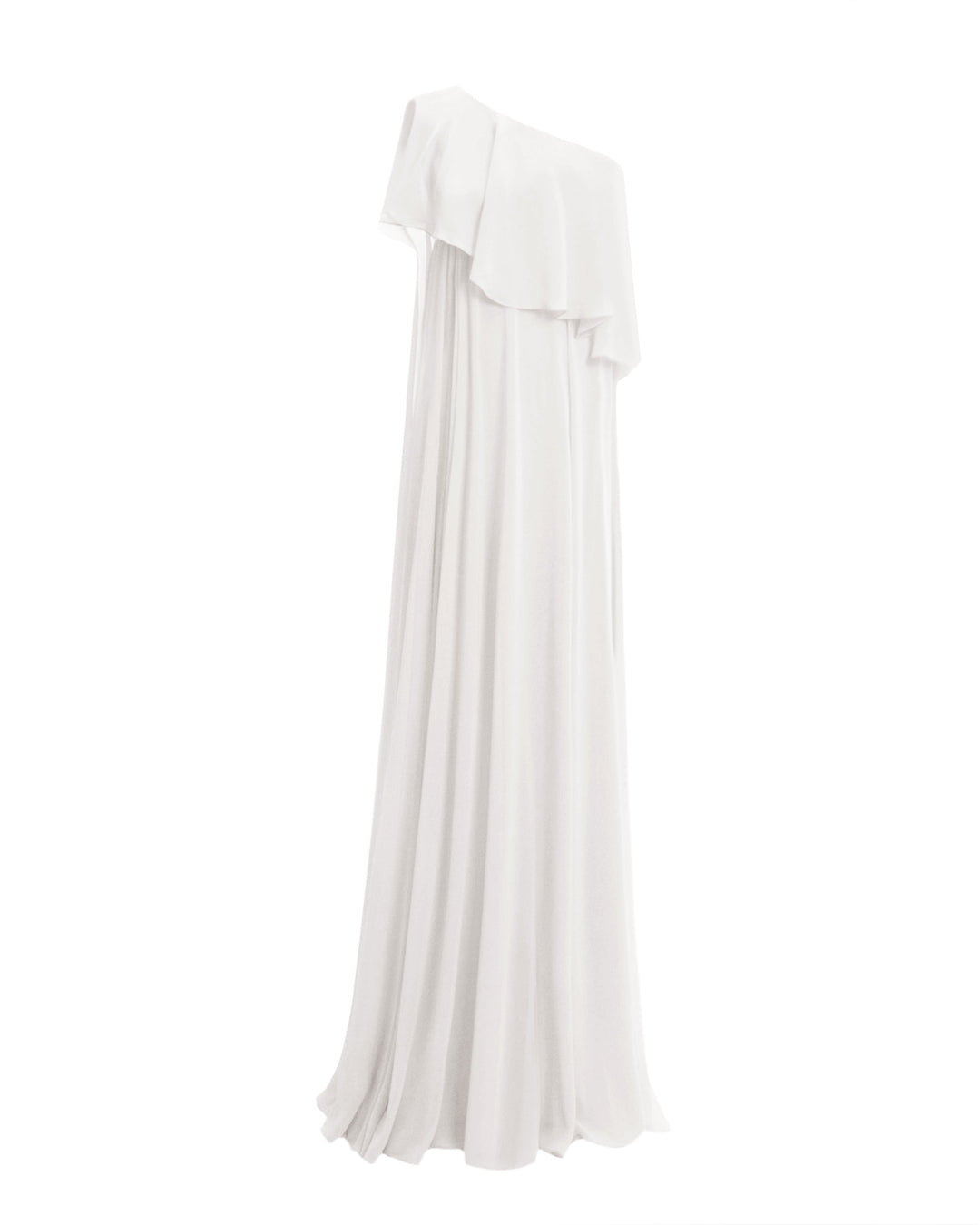 A one-shoulder ivory dress featuring a ruffled cape-like sleeve and a slit on the side.