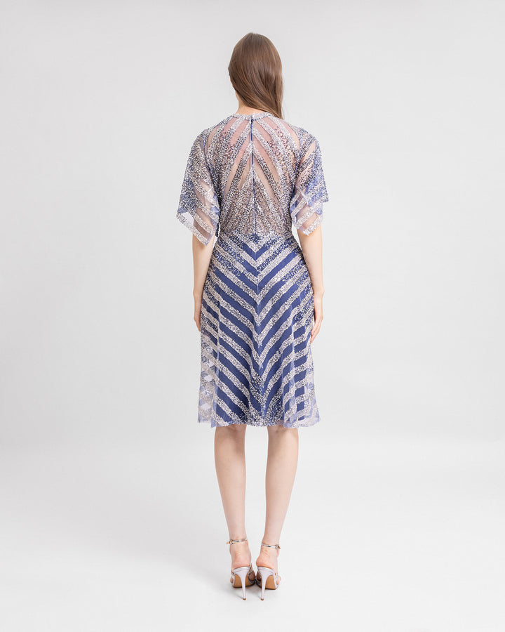 The back of a short beaded evening dress in navy hues with cape-like sleeves and a see-through back.