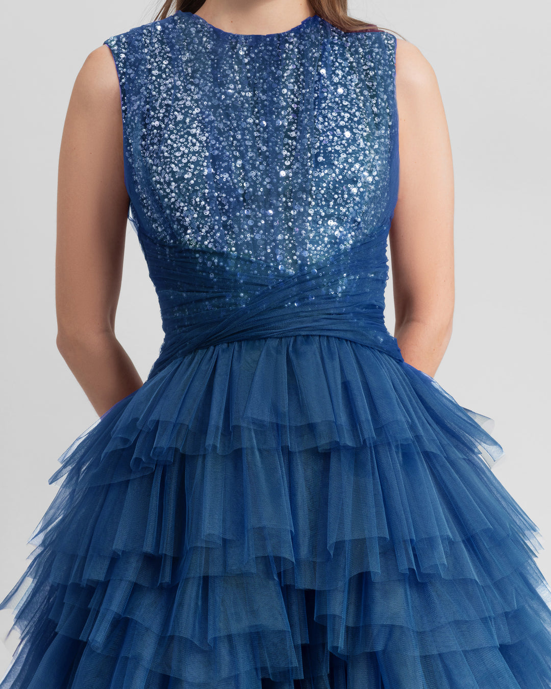 Blue Round Neckline Beaded Dress