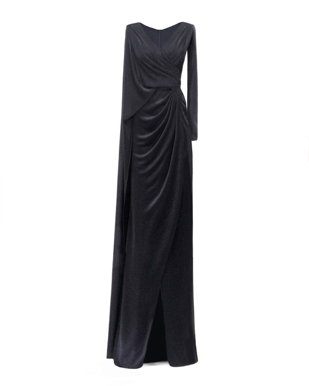 An asymmetrical V-neckline black evening dress with draping, a slit on the side, a long sleeve from one side, and a cape-like sleeve on the other side.