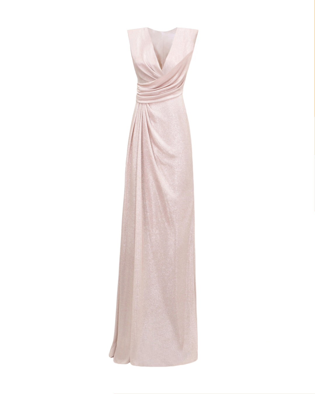 A V-neckline evening dress in blush color with draping at the waist and back.