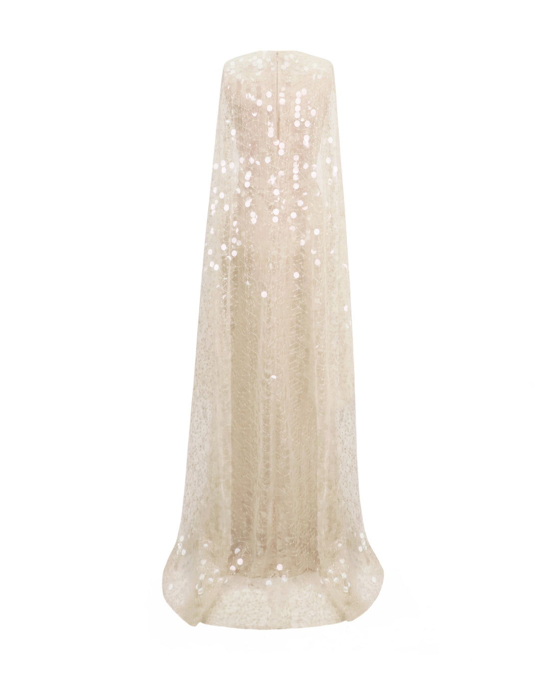 The back of a champagne satin evening dress with a fully sequins embroidered tulle cape.