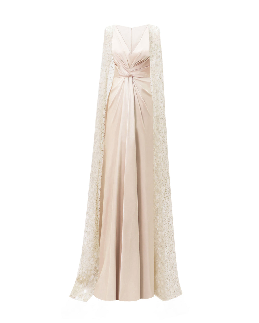 A V-neckline draped bodice evening dress in champagne satin with a slit at the front and a cape in sequins embroidered tulle.