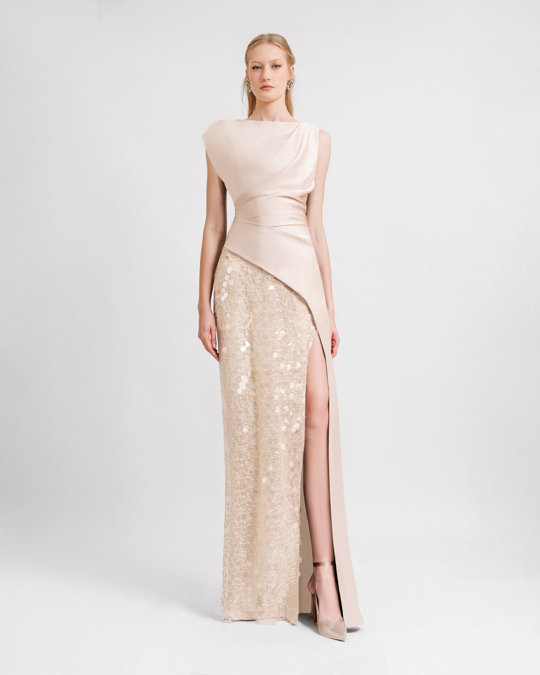 Asymmetrical Draped Champagne Satin dress