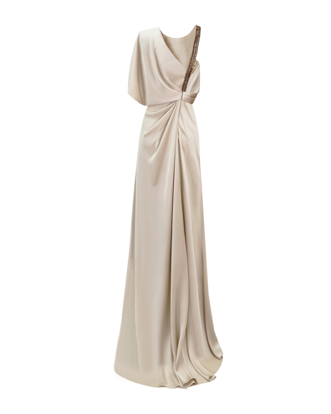 The back of a An asymmetrical neckline champagne dress with draping and a beaded strap at the back.