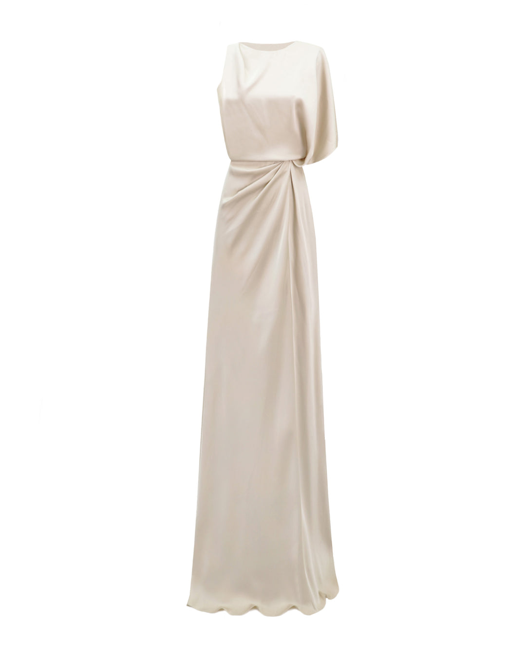 An asymmetrical neckline champagne dress with draping on the waist.