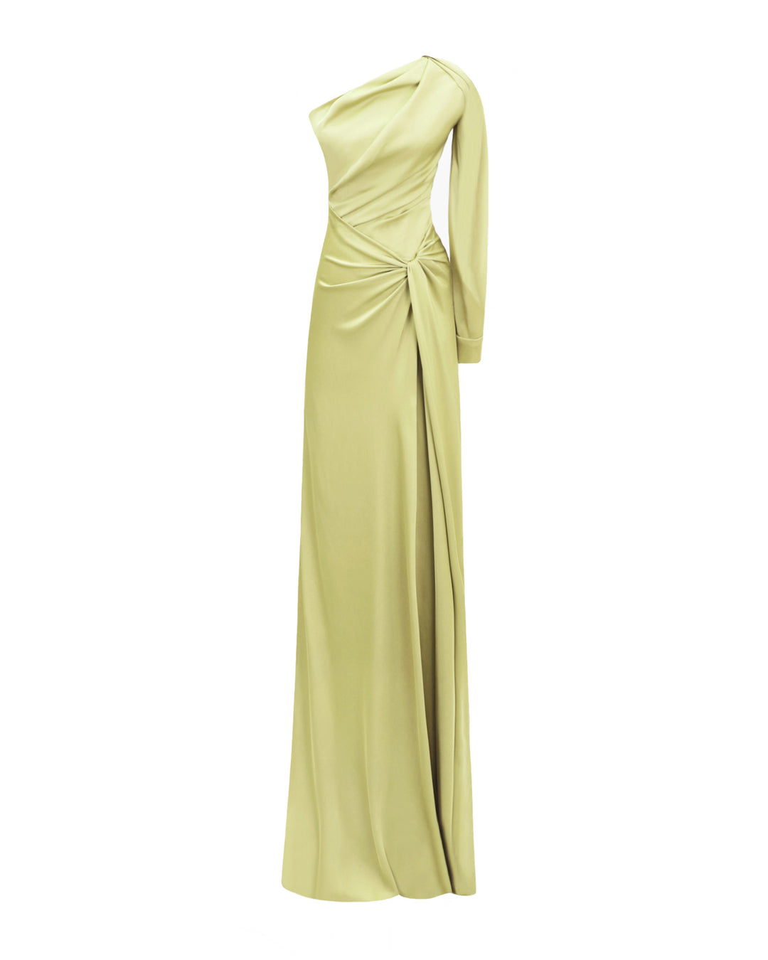 A one-shoulder long sleeve draped evening dress in pistachio satin fabric.