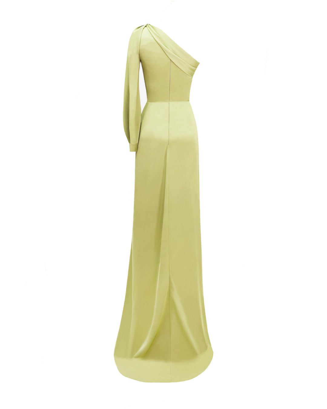 The back of a one-shoulder long sleeve draped evening dress in pistachio satin fabric.