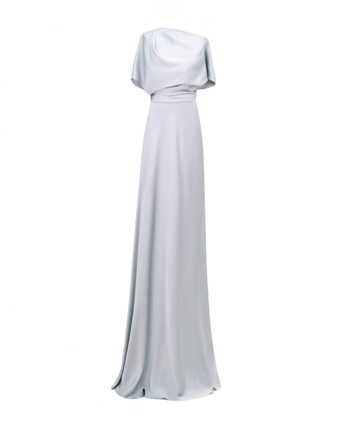 An asymmetrical draped neckline evening dress in light blue satin fabric with an A-cut skirt.