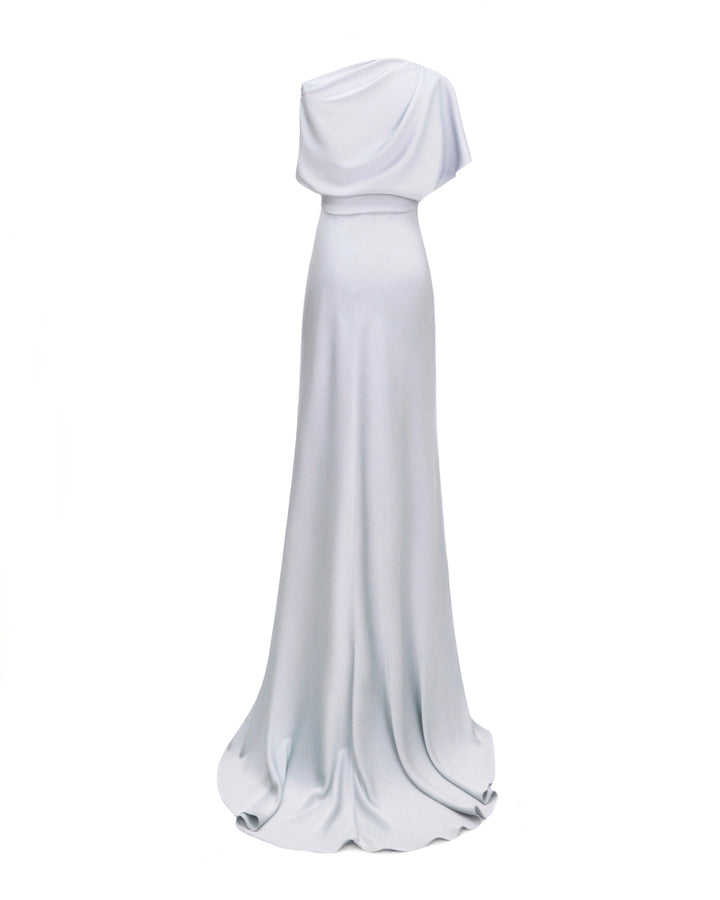 The back of an asymmetrical draped neckline evening dress in light blue satin fabric with an A-cut skirt.