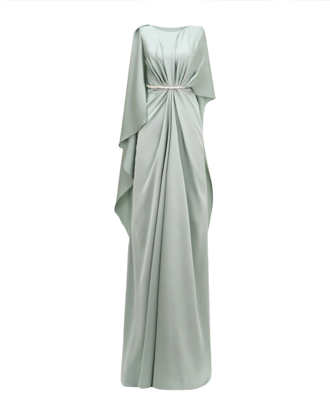 A draped evening dress in teal satin with a beaded waist and asymmetrical cape-like sleeves and back.