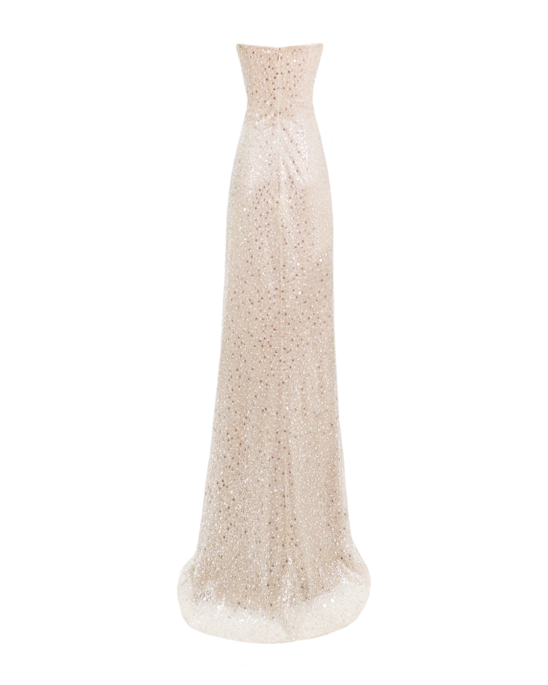 The back of a strapless draped evening dress in champagne beaded tulle.