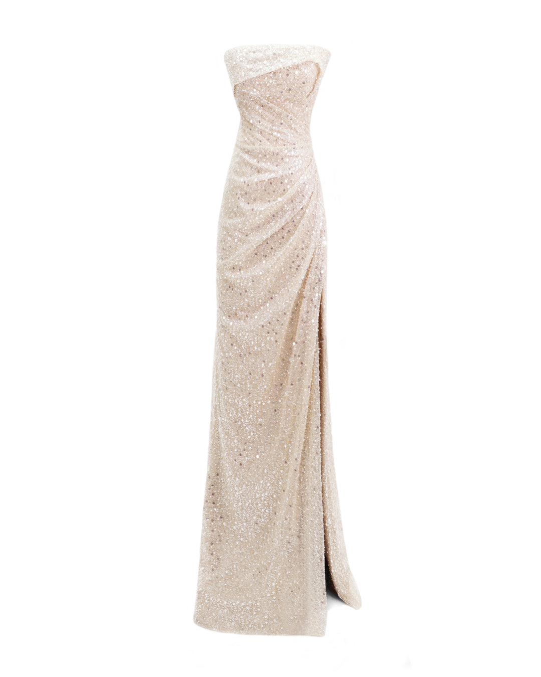 A strapless draped evening dress in champagne beaded tulle with an asymmetrical fold-over neckline and a slit on the side.