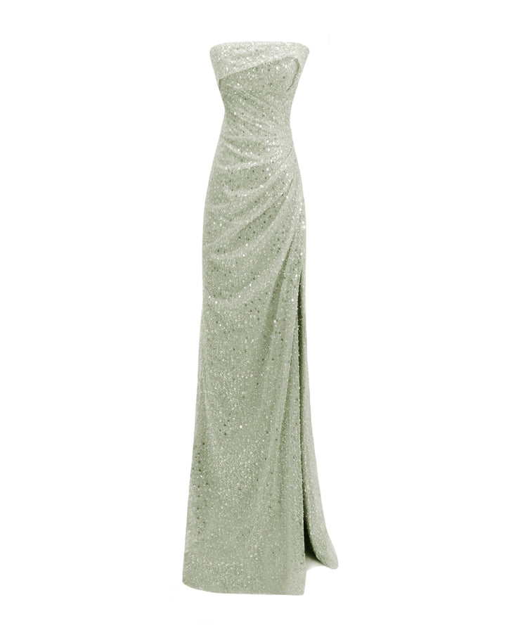 Beaded Strapless Draped Light Mint Dress